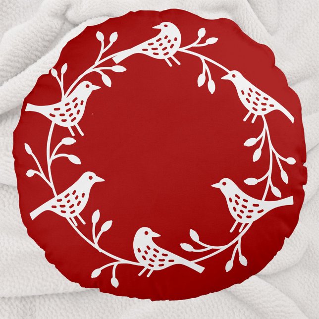 Scandinavian Birds with Rosehips Wreath Round Pillow (Red and white Scandinavian bird wreath festive round pillow)