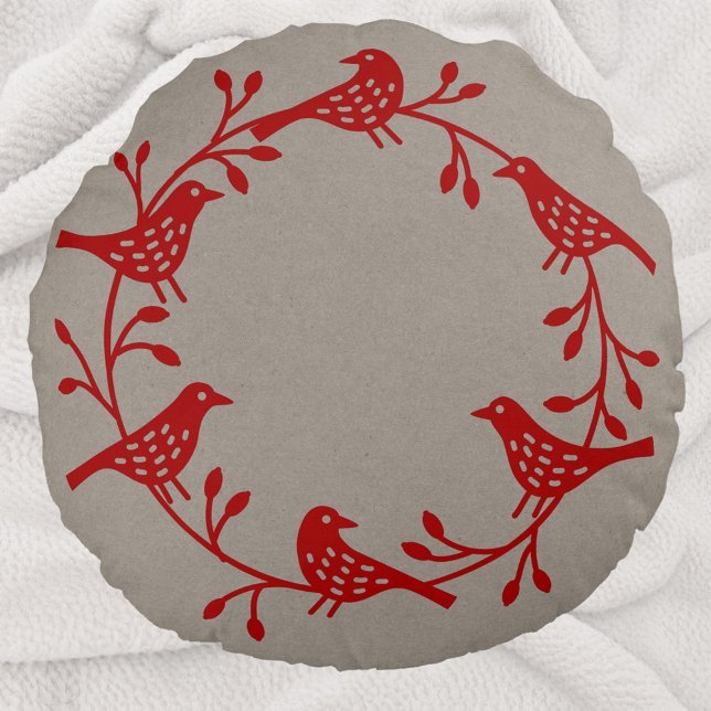 Scandinavian Birds with Rosehips Wreath Round Pillow (Red Scandinavian bird wreath festive round pillow)