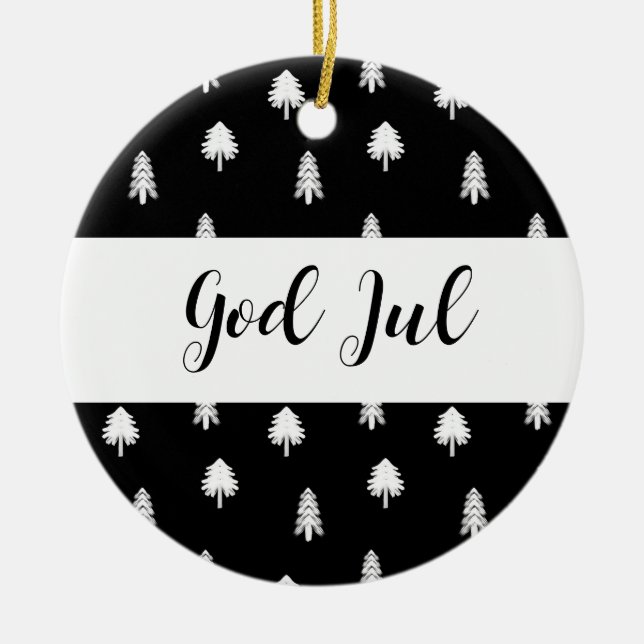 Scandinavian Black Pattern God Jul Christmas  Ceramic Ornament (Front)