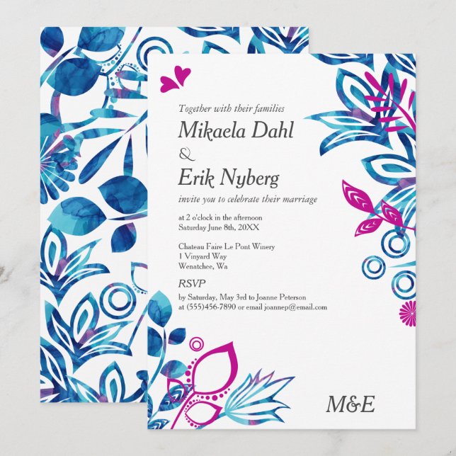 Scandinavian Blue and Pink Pattern Wedding Invitation (Front/Back)