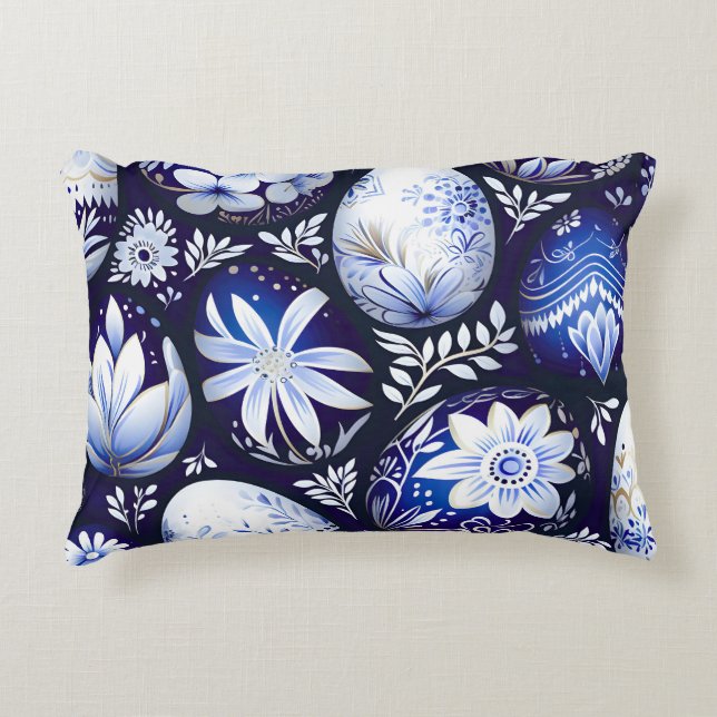 Scandinavian Blue Easter Egg Spring Floral Accent Pillow (Front)