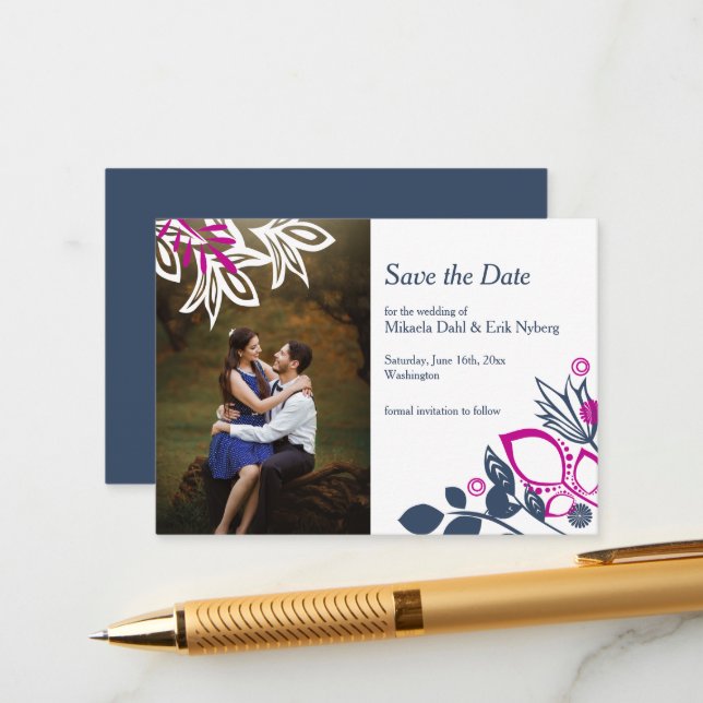 Scandinavian Blue, Grey, and Pink Save-the-Date Advice Card (Front/Back In Situ)