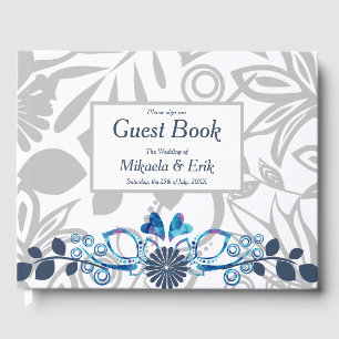 Scandinavian Blue Grey Floral Pattern Guest Book