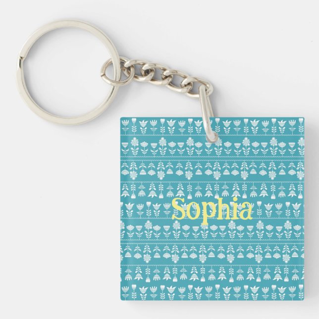 Scandinavian blue with white flowers Editable Keychain (Front)