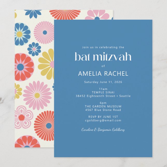 Scandinavian Boho Folk Flower Blue Bat Mitzvah Invitation (Front/Back)