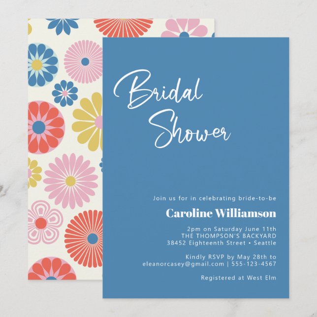Scandinavian Boho Folk Flower Blue Bridal Shower Invitation (Front/Back)