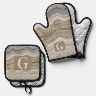 Scandinavian Brown Grey Marble Initial Monogram Oven Mitt & Pot Holder Set