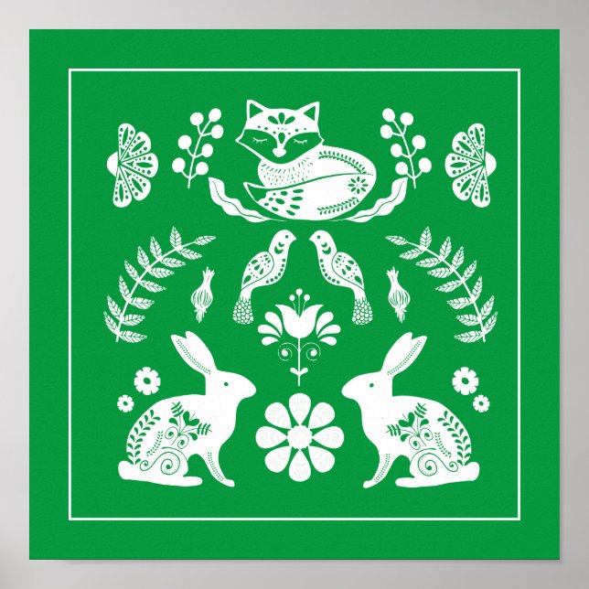Scandinavian Bunny Fox Flower Garden Poster (Front)