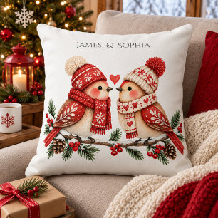 Scandinavian Christmas Bird Couple Cozy Romance Throw Pillow