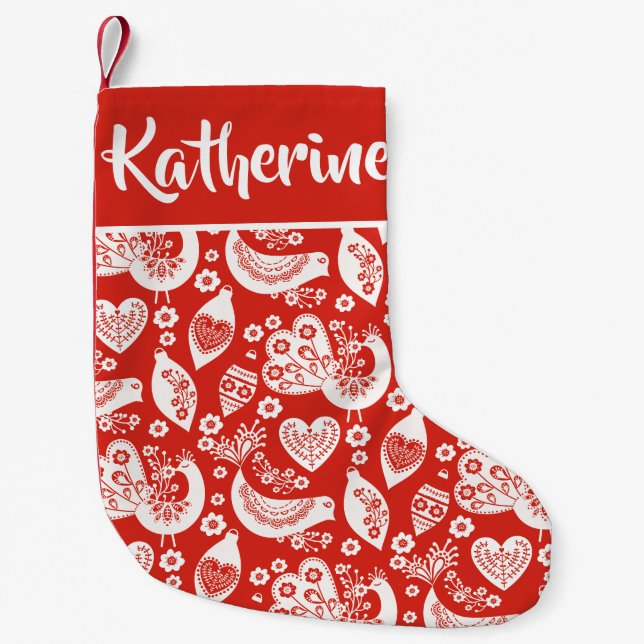 Scandinavian Christmas Bird Pattern - Personalized Small Christmas Stocking (Front)