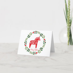 Scandinavian Christmas card Dala Horse and wreath