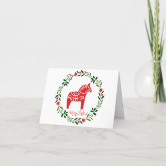 Scandinavian Christmas card Dala Horse and wreath