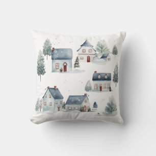 Scandinavian Christmas Decor Watercolor Houses  Throw Pillow