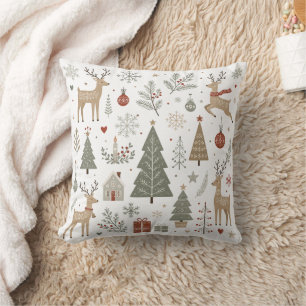 Scandinavian Christmas Deer and Winter Woodland  Throw Pillow