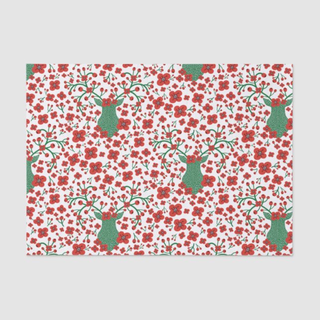 Scandinavian Christmas Floral Pattern with Antlers Tissue Paper (Front)