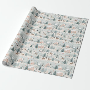 Scandinavian Christmas Folk Art Deers Pine Trees Wrapping Paper