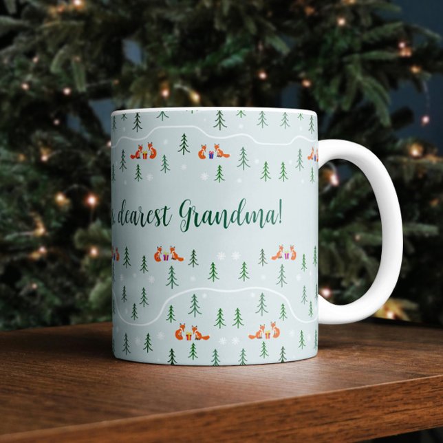 Scandinavian Christmas foxes in snowy forest Coffee Mug (Scandinavian Custom Christmas mug with your text and cute woodland foxes and fir trees)