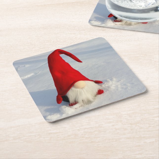 Scandinavian Christmas Gnome Square Paper Coaster (Angled)