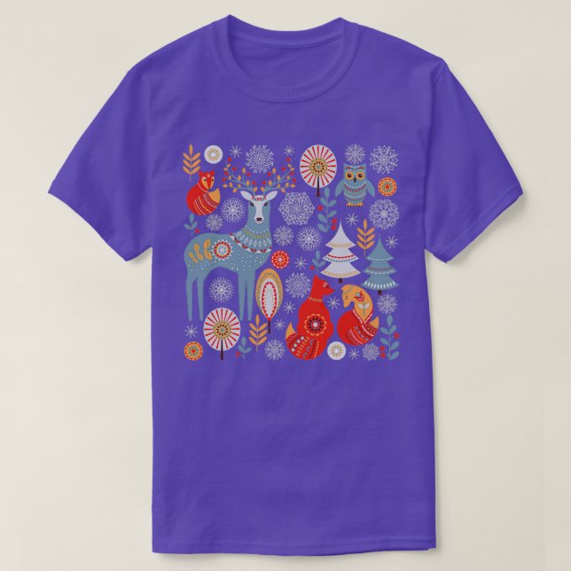 Scandinavian Christmas pattern on a red background T-Shirt (Design Front)