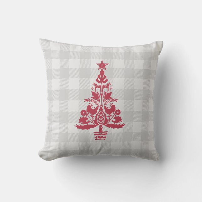 Scandinavian Christmas Red Nordic Tree Check Throw Pillow (Front)