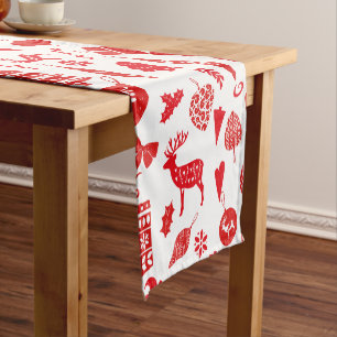 Scandinavian Christmas Red White Festive Short Table Runner