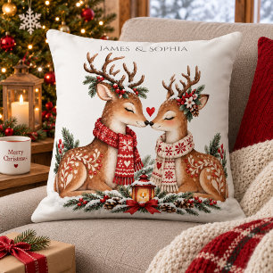 Scandinavian Christmas Reindeer Couple Nordic Love Throw Pillow