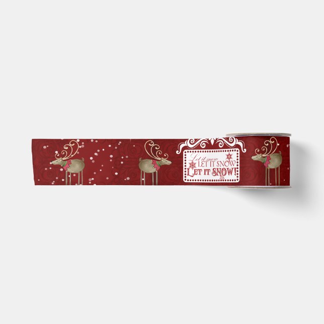 Scandinavian Christmas Reindeer Let it Snow Red Satin Ribbon (Front)