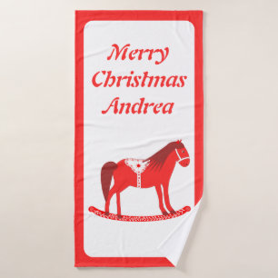 Scandinavian Christmas Rocking Horse Custom Name Bath Towel