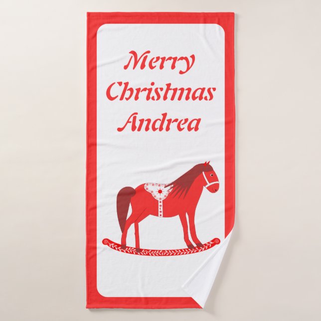 Scandinavian Christmas Rocking Horse Custom Name Bath Towel (Bath Towel)