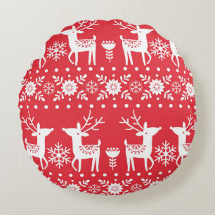 Scandinavian Christmas: Snowflakes & Deer Round Pillow