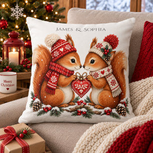 Scandinavian Christmas Squirrel Couple Nordic Love Throw Pillow