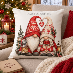 Scandinavian Christmas Tomte Romantic Couple Throw Pillow