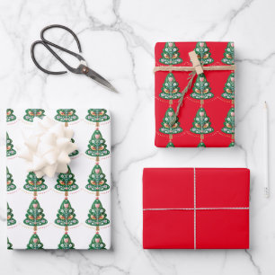 Scandinavian Christmas Tree Folk Art   Wrapping Pa Paper Sheet