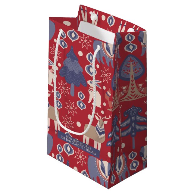 Scandinavian Christmas Woodland Personalized Small Gift Bag (Front Angled)