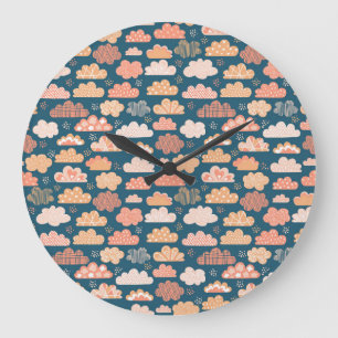 Scandinavian Clouds: Golden Childish Patterns. Large Clock