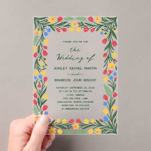 Scandinavian Colourful Wildflower Folk Art Wedding Acrylic Invitations