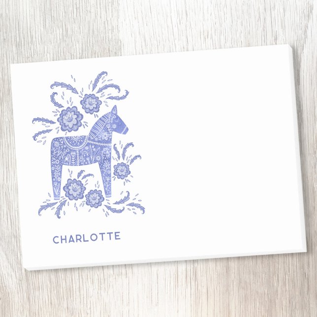 Scandinavian Dala Horse Blue Personalized Post-it Notes (Creator Uploaded)