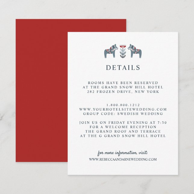 Scandinavian Dala Horse  WEDDING Guest Details Enclosure Card (Front/Back)