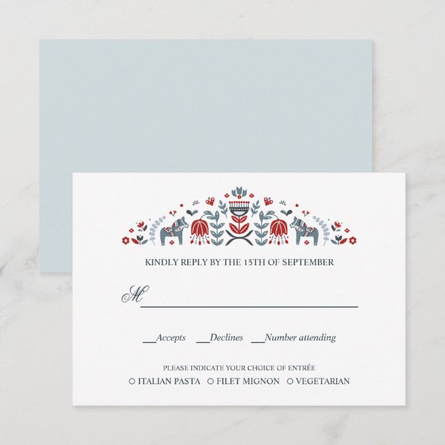 Scandinavian Dala Horse  WEDDING RSVP MEAL CHOICE Card (Front/Back)