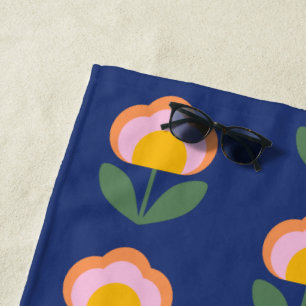 Scandinavian Danish Folk Flower Pattern in Blue Beach Towel