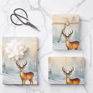 Scandinavian deer in snowy landscape wrapping paper sheet