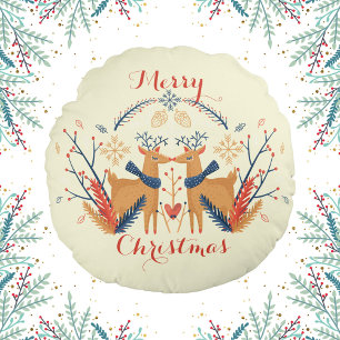 Scandinavian Deer Nordic Merry Christmas Design Round Pillow