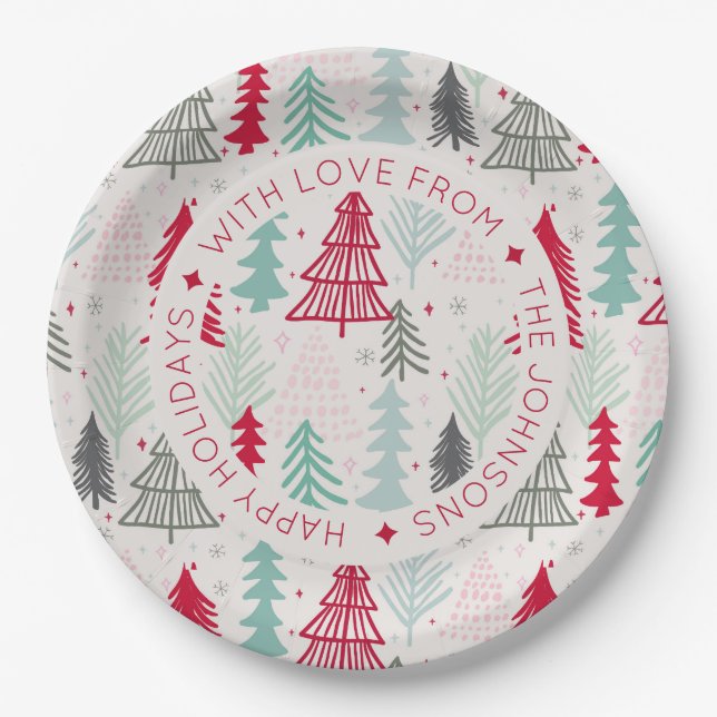 Scandinavian Doodle Christmas Trees Personalized Paper Plate (Front)
