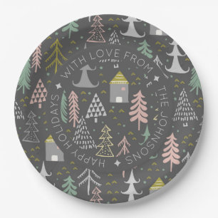 Scandinavian Doodle Christmas Village Personalize Paper Plate