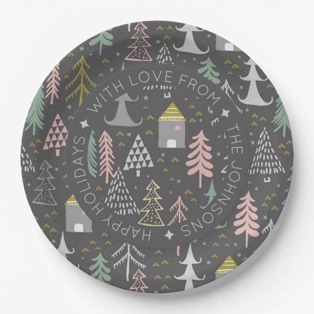Scandinavian Doodle Christmas Village Personalize Paper Plate (Front)