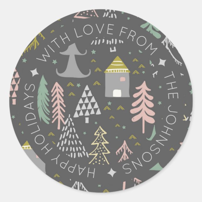 Scandinavian Doodle Christmas Village Personalized Classic Round Sticker (Front)