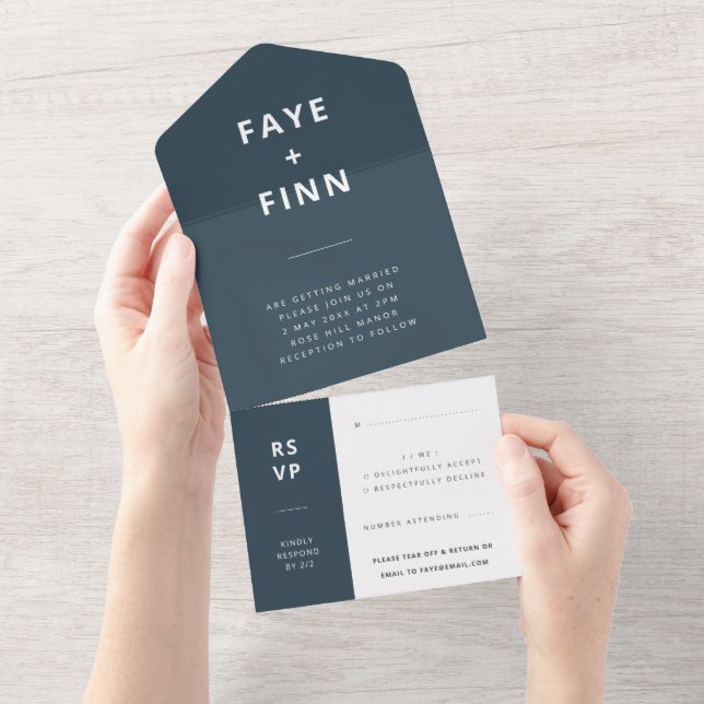 Scandinavian Dusky Blue | Minimalist Wedding RSVP All In One Invitation (Tearaway)