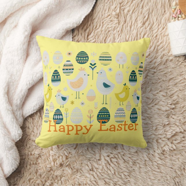 Scandinavian Elegance Easter Chicks and Eggs Throw Pillow (Blanket)