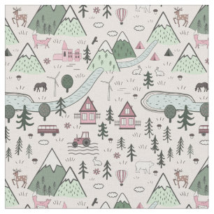 Scandinavian Farm Town Pattern Pink  Fabric