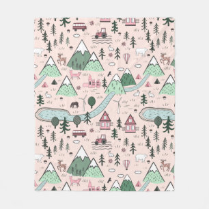 Scandinavian Farm Town Pattern Pink  Fleece Blanket